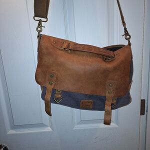 Brown and Blue Leather Messenger Bag